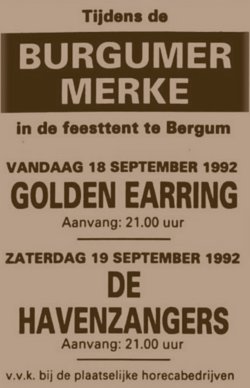 Golden Earring show ad September 18, 1992 Bergum - Feesttent